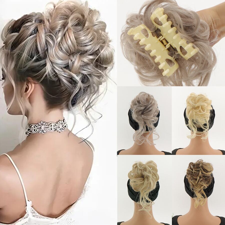 Tóc giả búi rối đàn hồi tổng hợp 10 inch kẹp tóc búi bạc tóc xoăn chignon cho phụ nữ tóc giả tự nhiên - Bạc - Xem 1
