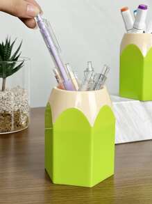 1 件创意彩色大号铅笔形收纳盒，可爱撞色学生办公桌文具笔筒，收纳盒 - 綠色 - 查看 2