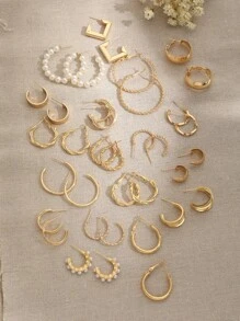 18pairs/Set Simple & Stylish Earrings, Bohemian Faux Pearl Stud & Dangle Earrings - Gold - View 2