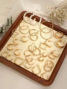 18pairs/Set Simple & Stylish Earrings, Bohemian Faux Pearl Stud & Dangle Earrings - Gold - View 6