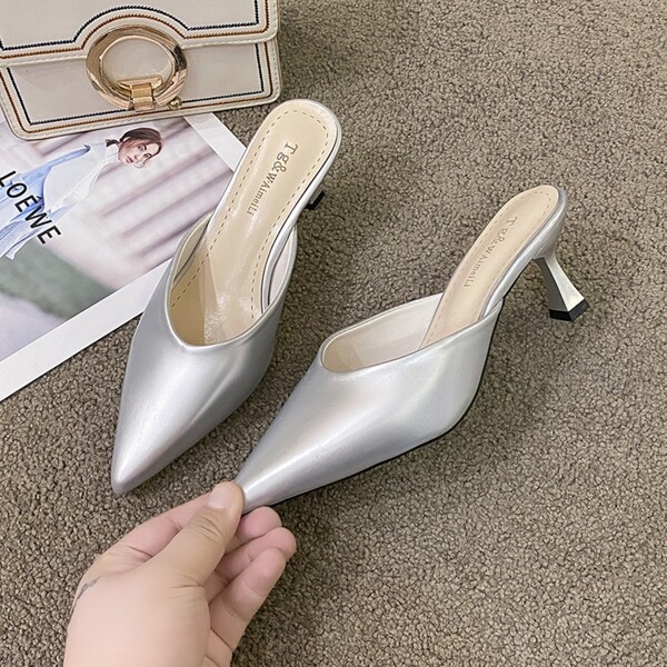 Women's Pointed Toe Half Slipper, Fashionable High Heeled Mules With Thin Heel In Spring, Summer And Autumn