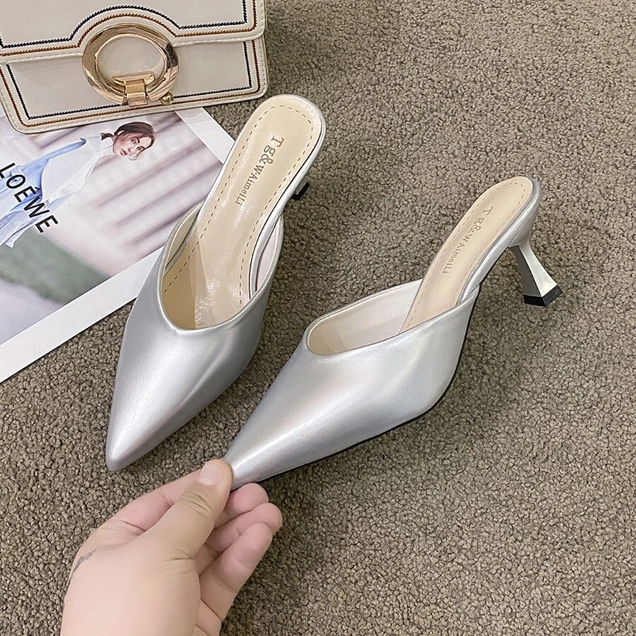 Women's Pointed Toe Half Slipper, Fashionable High Heeled Mules With Thin Heel In Spring, Summer And Autumn