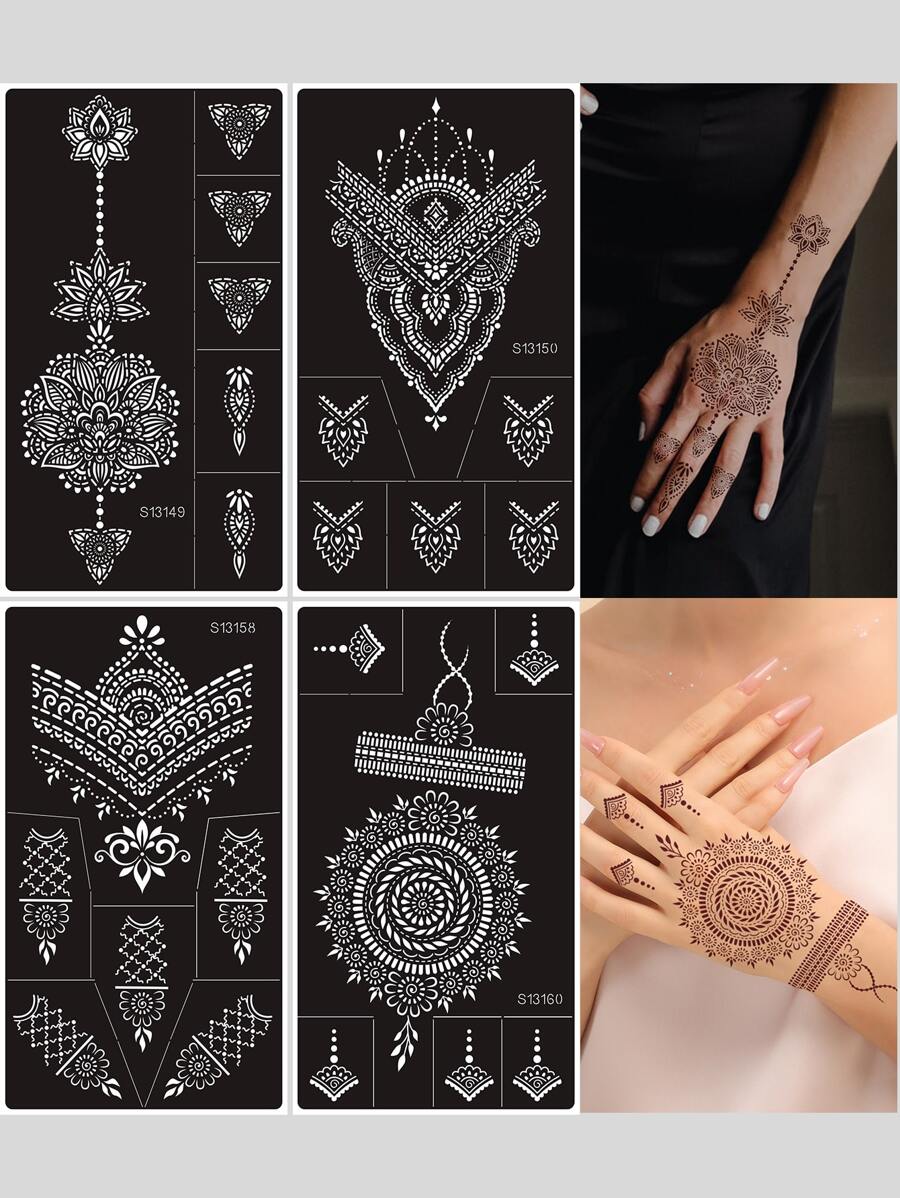 4pcs/set Reusable Hand Flower Pattern Tattoo Stencils With Hollow Out Design - Black - View 1
