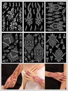 6pcs/set Hollow Out Flower & Pattern Stencil For Hand Henna Tattoo - Black - View 1