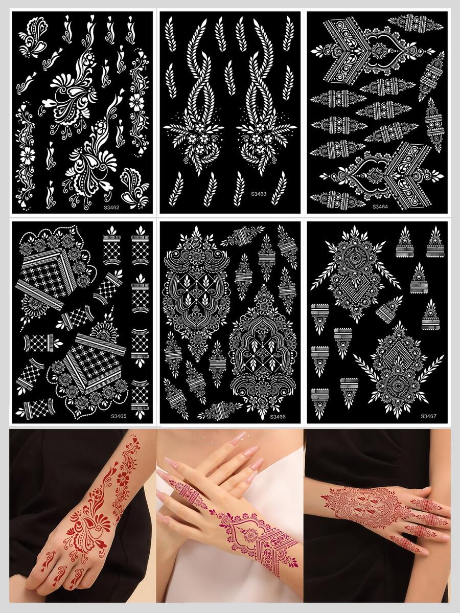 6pcs/set Hollow Out Flower & Pattern Stencil For Hand Henna Tattoo - Black - View 1