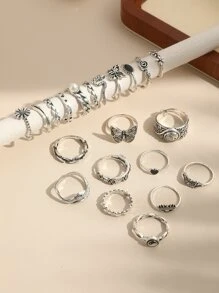 21pcs/set Punk Style Butterfly, Heart And Tai Chi Design Multi-element Snake Rings Set