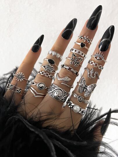 21 piezas/set Set estilo punk con mariposa , con corazón con de Tai Chi diseño multielemento serpiente anillos