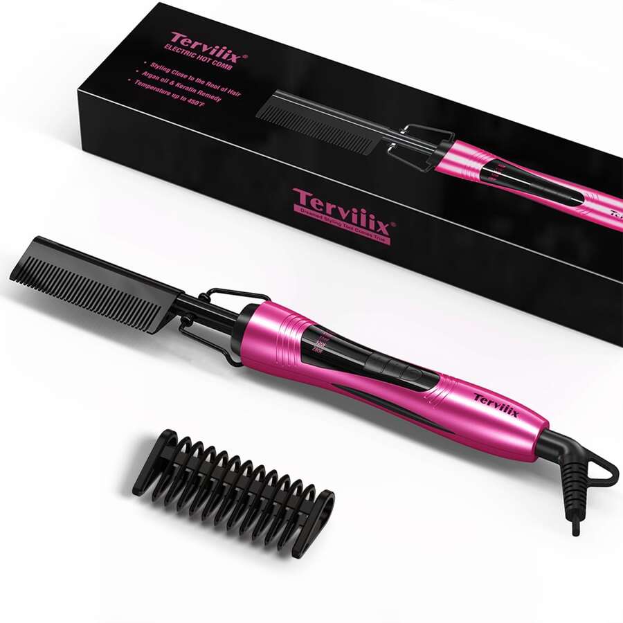 Terviiix Electric Hot Comb For Lace Front Wigs, Pressing Combs For Anti-Scald Straightening Comb With Keratin & Argan Oil Infused Teeth, Temperatures Adjustable, 60 Min Auto Shut Off - 玫紅色 - 查看 1
