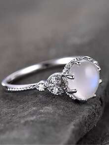 1枚简约设计月光石锆石戒指，情人节优雅礼物 - 銀色 - 查看 4