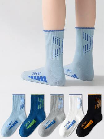 5 Pairs Random Color Kids' Breathable Sports Letter "SPEED" Crew Socks, Autumn/Winter, Fits Ages 3-8, 8-12