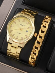 2pcs Men's Fashion Quartz Watch And Bracelet Set - Gold - View 1