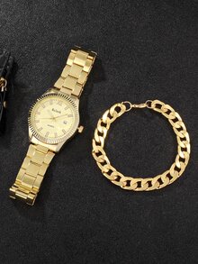 2pcs Men's Fashion Quartz Watch And Bracelet Set - Gold - View 6