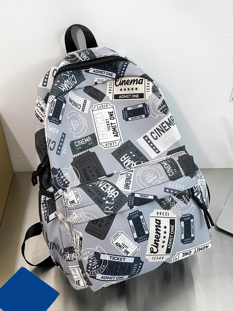 MINGHONG Nylon Graffiti Design High School Student Backpack With Large Capacity For Travel, Letter Printed Shoulder Bag - Grey - View 1