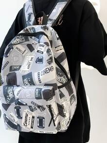 MINGHONG Nylon Graffiti Design High School Student Backpack With Large Capacity For Travel, Letter Printed Shoulder Bag - Grey - View 2