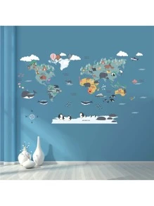 1入組/個雙面30*90cm Pvc 世界地圖牆貼自粘式牆藝裝飾,適用於幼稚園和兒童房 - 寶藍色 - 查看 1