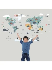 1入組/個雙面30*90cm Pvc 世界地圖牆貼自粘式牆藝裝飾,適用於幼稚園和兒童房 - 寶藍色 - 查看 3
