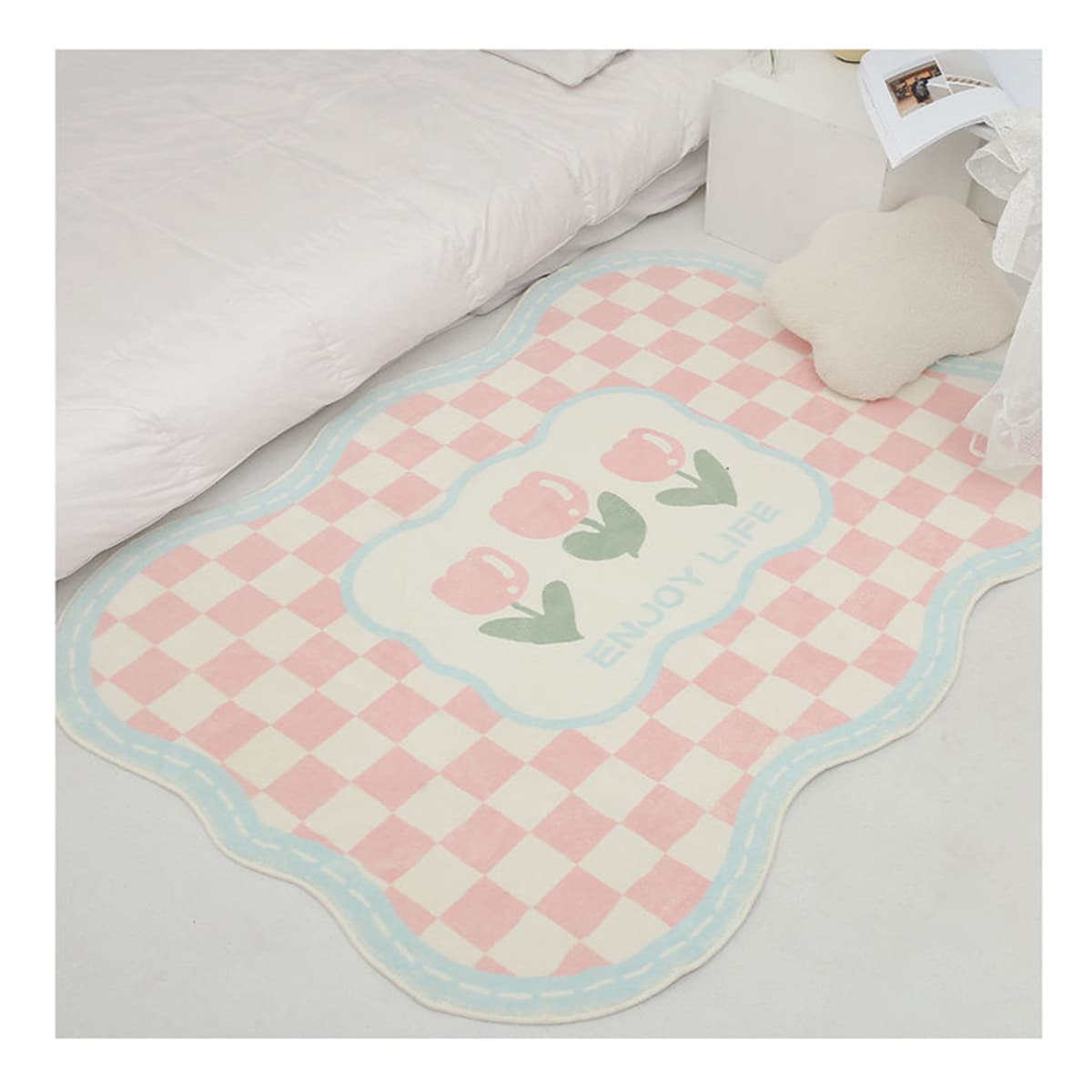 1pc Faux Cashmere Pink Checkerboard Soft And Comfortable Bedroom Bedside Carpet ,Room Decor