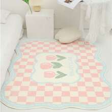 1pc Faux Cashmere Pink Checkerboard Soft And Comfortable Bedroom Bedside Carpet ,Room Decor