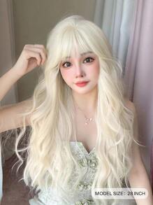alicegarden 1 Piece Synthetic Heat-Resistant,Long Natural Wave In White Gold Wigs, With Bangs , 28 Inches Long, Made From Fiber, Suitable For Daily Use, Natural And Realistic False Hairpiece.
