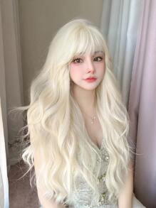 alicegarden 1 Piece Synthetic Heat-Resistant,Long Natural Wave In White Gold Wigs, With Bangs , 28 Inches Long, Made From Fiber, Suitable For Daily Use, Natural And Realistic False Hairpiece.
