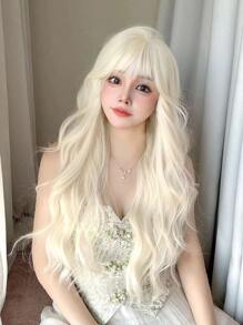 alicegarden 1 Piece Synthetic Heat-Resistant,Long Natural Wave In White Gold Wigs, With Bangs , 28 Inches Long, Made From Fiber, Suitable For Daily Use, Natural And Realistic False Hairpiece.