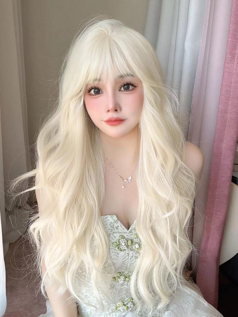 alicegarden 1 Piece Synthetic Heat-Resistant,Long Natural Wave In White Gold Wigs, With Bangs , 28 Inches Long, Made From Fiber, Suitable For Daily Use, Natural And Realistic False Hairpiece.