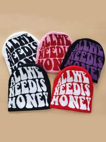 1入組男士針織帽帶白色字母圖案和提花,和時髦豆豆帽適用於Y2K風格,合適適用於街,戶外運動,滑雪 - 黑色 - 查看 2