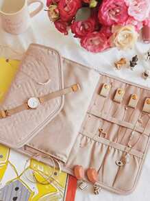 卷式折叠珠宝盒旅行珠宝收纳盒便携旅行耳环戒指水钻项链胸针收纳袋珠宝收纳袋化妆包化妆包化妆品收纳盒化妆品收纳 - 粉色 - 查看 2