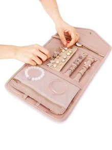 卷式折叠珠宝盒旅行珠宝收纳盒便携旅行耳环戒指水钻项链胸针收纳袋珠宝收纳袋化妆包化妆包化妆品收纳盒化妆品收纳 - 粉色 - 查看 7