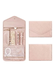 卷式折叠珠宝盒旅行珠宝收纳盒便携旅行耳环戒指水钻项链胸针收纳袋珠宝收纳袋化妆包化妆包化妆品收纳盒化妆品收纳 - 粉色 - 查看 4