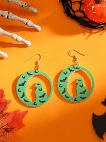 1 對實木萬聖節黑色和綠色圓形鏤空月亮、貓和蝙蝠吊墜耳環 - 彩色 - 查看 1