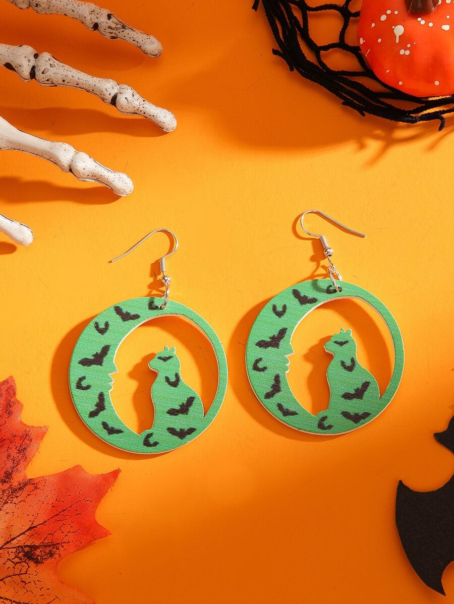 1 對實木萬聖節黑色和綠色圓形鏤空月亮、貓和蝙蝠吊墜耳環 - 彩色 - 查看 1