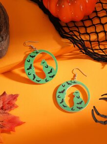 1 對實木萬聖節黑色和綠色圓形鏤空月亮、貓和蝙蝠吊墜耳環 - 彩色 - 查看 4