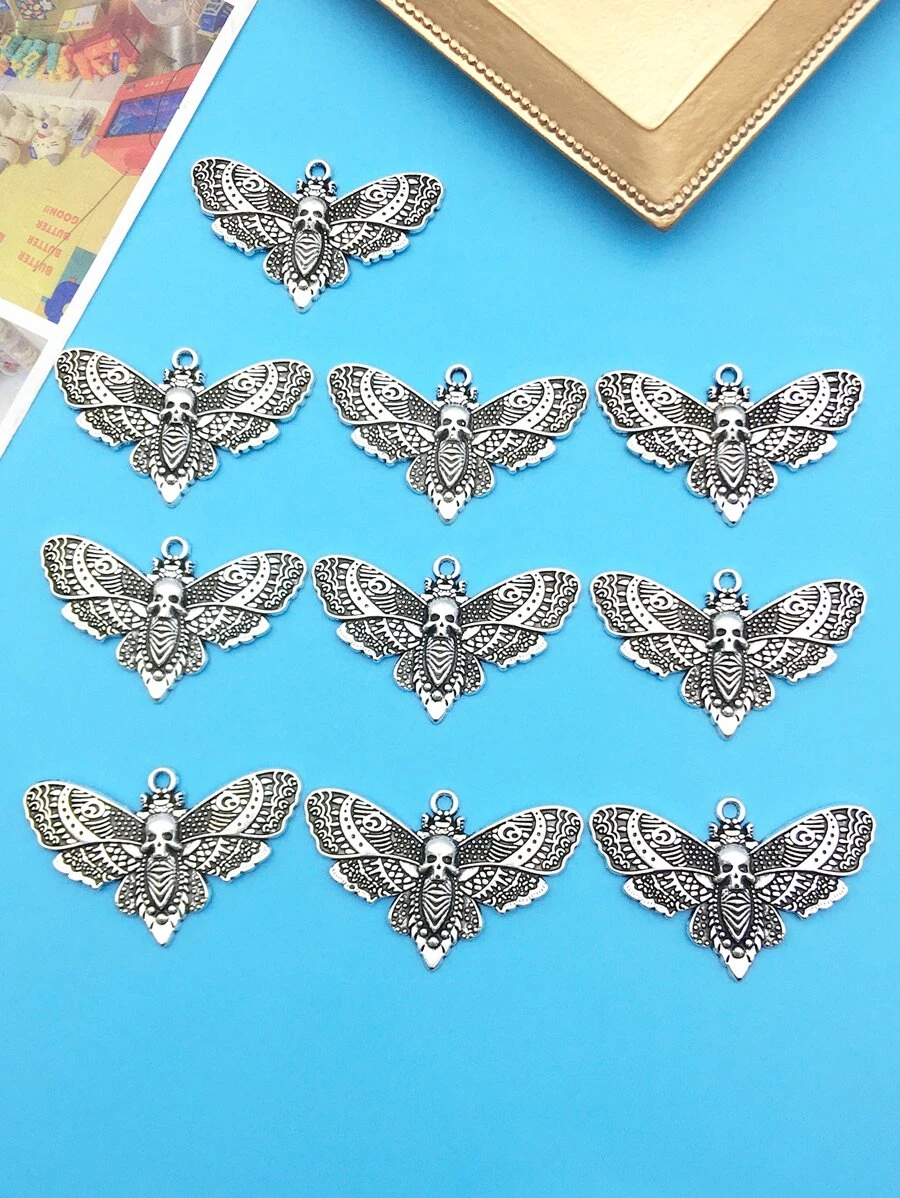 10入組古董銀合金復古骷髏蝴蝶DIY吊墜萬聖節吊墜適用於手環項鍊耳環珠寶製作配件萬聖節首飾類用品 - 銀色 - 查看 1