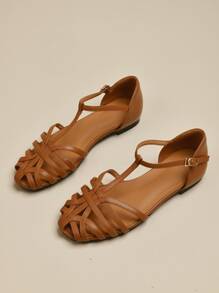 復古鏤空編織平底涼鞋適合女士,合適的適用於戶外和海灘活動 - 棕色 - 查看 3