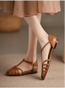 復古鏤空編織平底涼鞋適合女士,合適的適用於戶外和海灘活動 - 棕色 - 查看 6