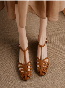 復古鏤空編織平底涼鞋適合女士,合適的適用於戶外和海灘活動 - 棕色 - 查看 5