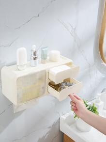 1pc White Wall Mounted Transparent Bathroom Storage Rack  Without Punching Bathroom Toiletries Storage Rack Transparent Bathroom Shelf Multifunctional Bathroom Space - White - View 9