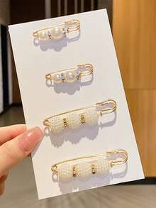 4入组/套簡約風白色人造珍珠胸針 - 白色 - 查看 2