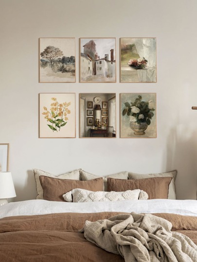 6 Pieces Vintage Art Prints French Landscape Canvas Poster Flowers Painting Poster Plants Wall Paintings Vase Print Pictures Nordic Wall Posters Living Room Decoration No Frame