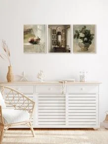 6復古藝術印刷法語山水帆布海報花卉繪畫海報植物牆繪畫花瓶印花北歐風牆海報客廳裝飾用品邊框 - 彩色 - 查看 5