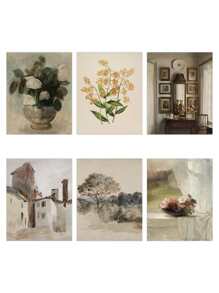 6復古藝術印刷法語山水帆布海報花卉繪畫海報植物牆繪畫花瓶印花北歐風牆海報客廳裝飾用品邊框 - 彩色 - 查看 6