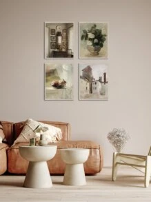 6復古藝術印刷法語山水帆布海報花卉繪畫海報植物牆繪畫花瓶印花北歐風牆海報客廳裝飾用品邊框 - 彩色 - 查看 4