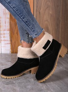 仿麂皮拼接毛茸茸坡跟靴 - 黑色 - 查看 3