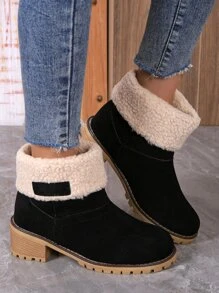 仿麂皮拼接毛茸茸坡跟靴 - 黑色 - 查看 6