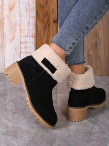 仿麂皮拼接毛茸茸坡跟靴 - 黑色 - 查看 5