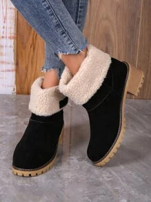 仿麂皮拼接毛茸茸坡跟靴 - 黑色 - 查看 4