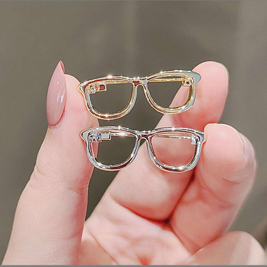 1入組金色和1入組銀色鏤空眼鏡形狀胸針，防止衣服滑倒，適用於校服和西裝 - 彩色 - 查看 1