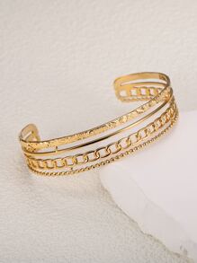 MONALLY 18K 镀金 1 件装复古时尚镂空多层设计开口 C 形宽手链可调节袖口手镯适合女士日常装饰 - 金黃色 - 查看 2