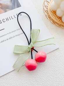 1入組女童珊瑚粉色櫻桃造型綁髮圈,配有蝴蝶結,不傷髮